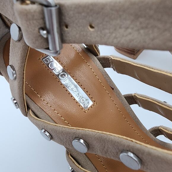 Bcbgeneration Chasta Strappy Sandals Size 9.5M Tan Block Heel Caged Studded - Picture 11 of 13